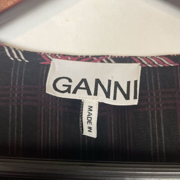 Ganni size EU 38 US 6 pink black Checked georgette mini wrap dress long sleeve - Picture 9 of 11